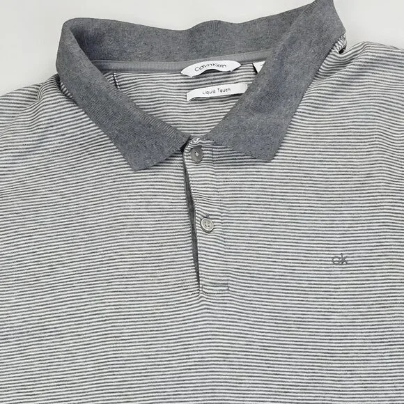 Calvin Klein Liquid Touch Embroidered Chest Logo Gray White Stripe Mens 2XL Polo - Picture 5 of 12